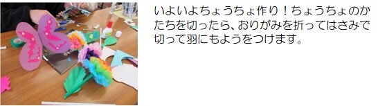 いよいよちょうちょ作り。ちょうちょのかたちを切ったら、おりがみを折ってはさみで切って羽にもようをつけます